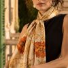 May Morris Poppies Habotai silk scarf worn with elegant black dress
