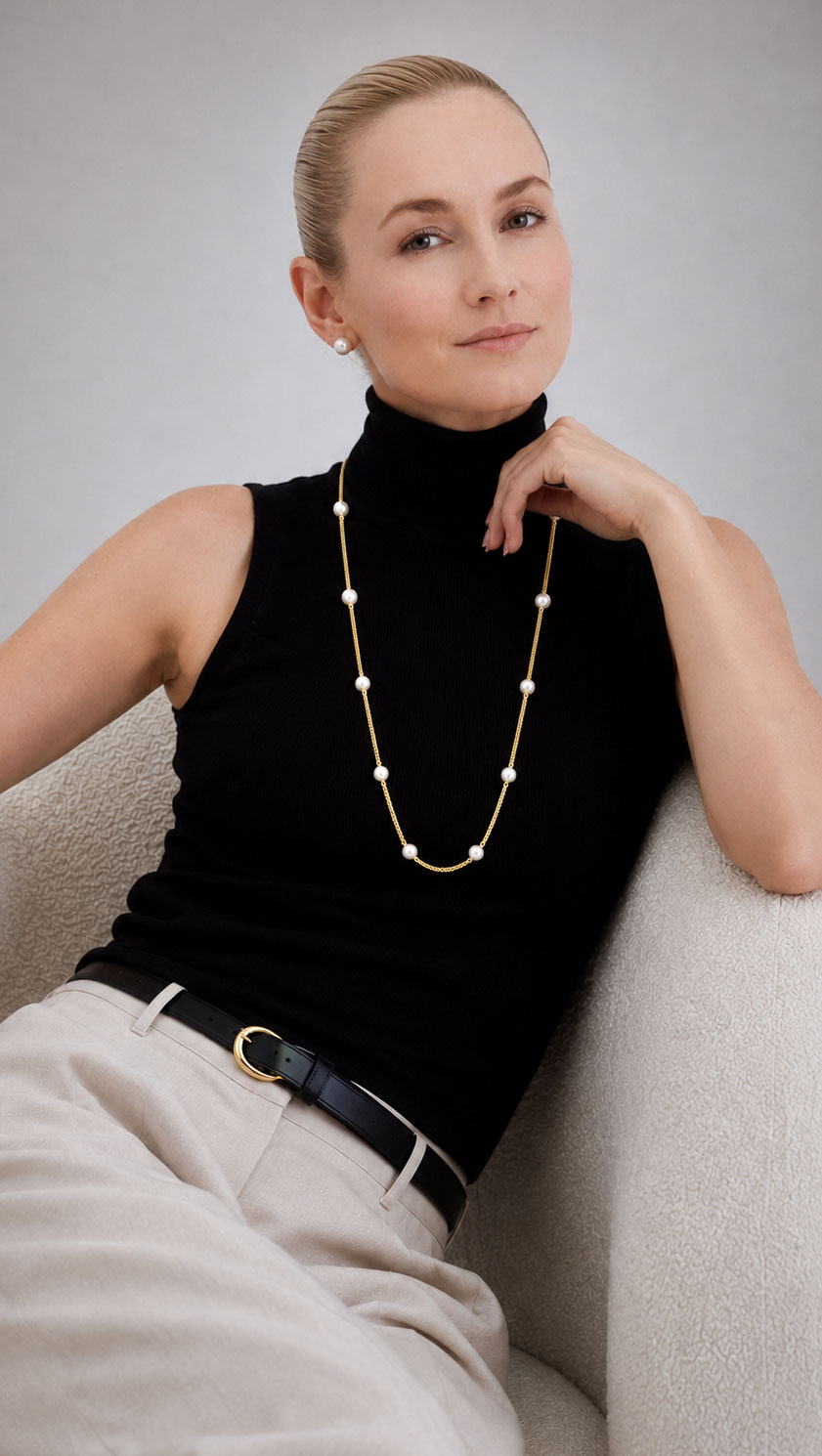 The Mayfair Pearl Necklace set on gold vermeil chain.