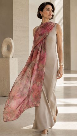 Fox & Chave Mucha Ruby pure silk chiffon scarf, inspired by the floral Art Nouveau work of Alphonse Mucha, styled with a pale fawn dress.