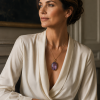 Natural amethyst pendant necklace on a 14ct gold chain worn with an ivory silk blouse