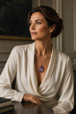 Natural amethyst pendant necklace on a 14ct gold chain worn with an ivory silk blouse