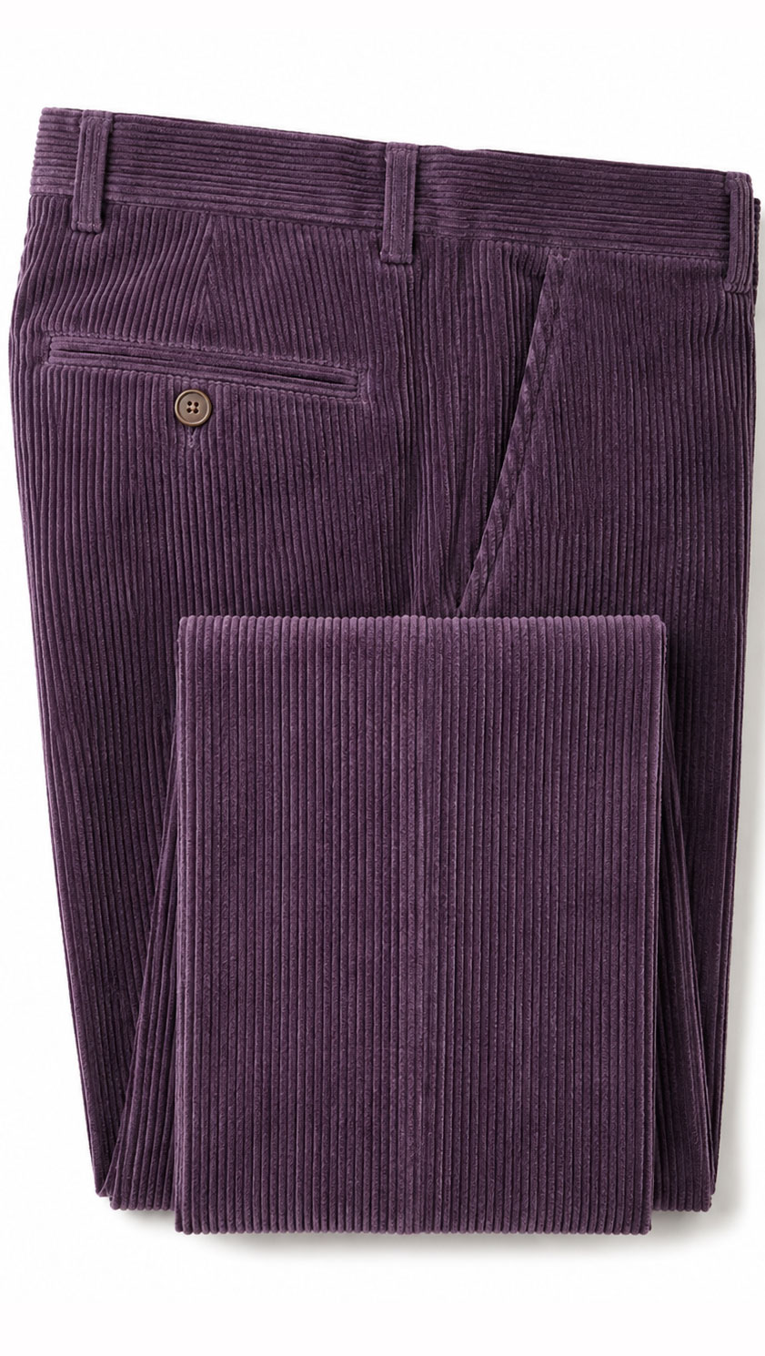 Pytchley pure cotton cord trousers in Lilac – pocket and cord detail